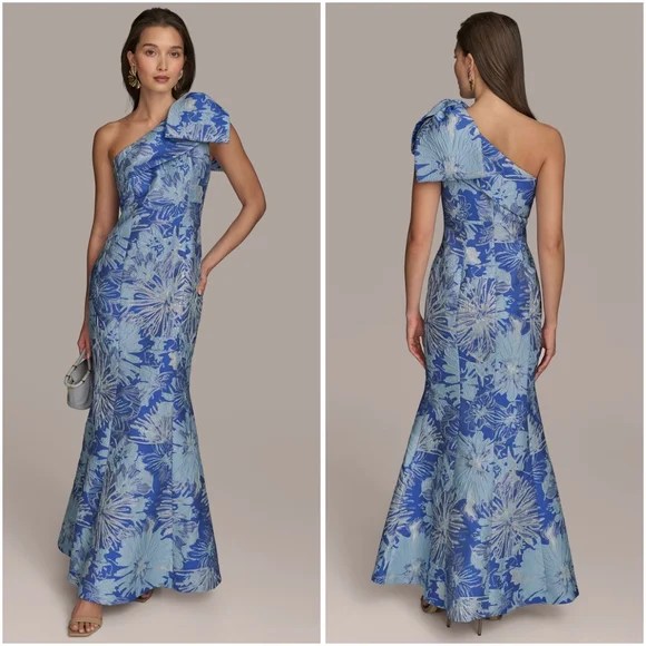 Donna Karan Floral Brocade One Shoulder Bow Gown Dazzling Blue Multi 8 - Picture 1 of 10